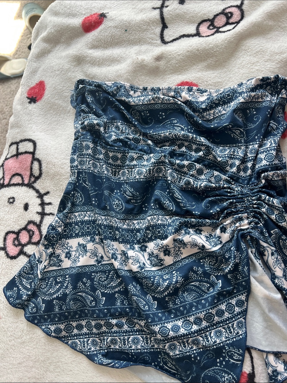 Blue Paisley Print Crop Top with Side Ruching